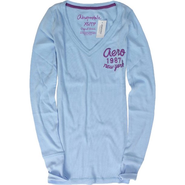 Camiseta gráfica acanalada con cuello en V para mujer de Aeropostale, azul, extragrande Aeropostale Camiseta gráfica