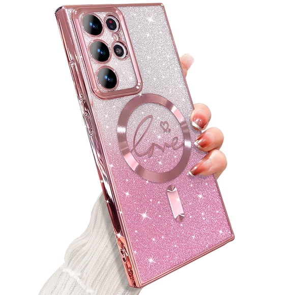 Zonrw Para Samsung Galaxy S22 Ultra Funda Magnética Para Mujer Niña Suave Lindo Lujo Amor Corazón Chapado Bling Degradado Glitter Funda Para Teléfono Compatible Con Magsafe Transparente A Prueba De Go