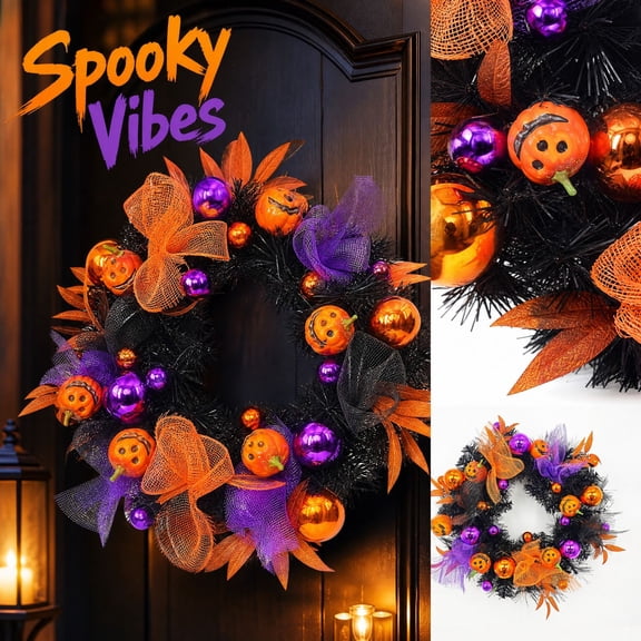 18 Inch Halloween Door Wreath with Ghost Pumpkins, Outdoor Halloween Decorations for Porch, Halloween Home Decor for Indoor