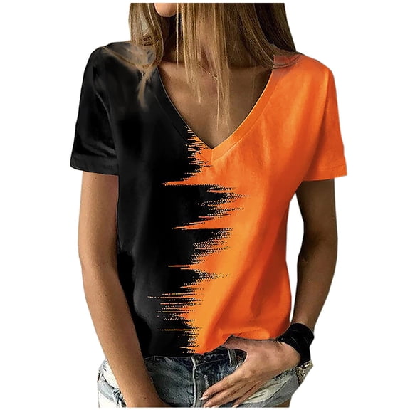 Odeerbi Womens Tops Dressy Casual Blouse Trendy V-Neck Short Sleeve Print T-shirt Orange