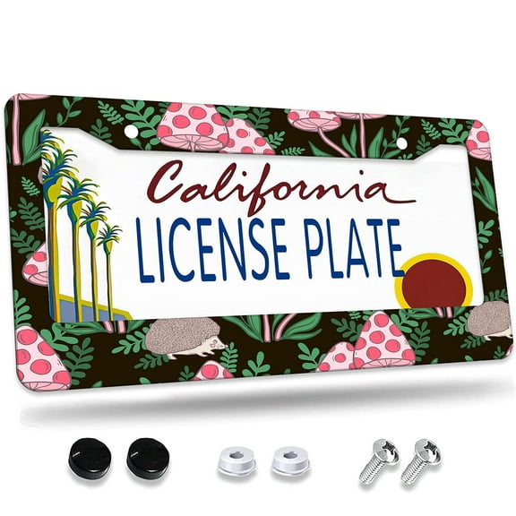 1 Pcs Hedgehogs and Polka dot Mushrooms License Plate Frame,License Plate Cover for Car Decorative Parts,Aluminum License Plate Bracket Holder Rust-Proof for US Standard Car