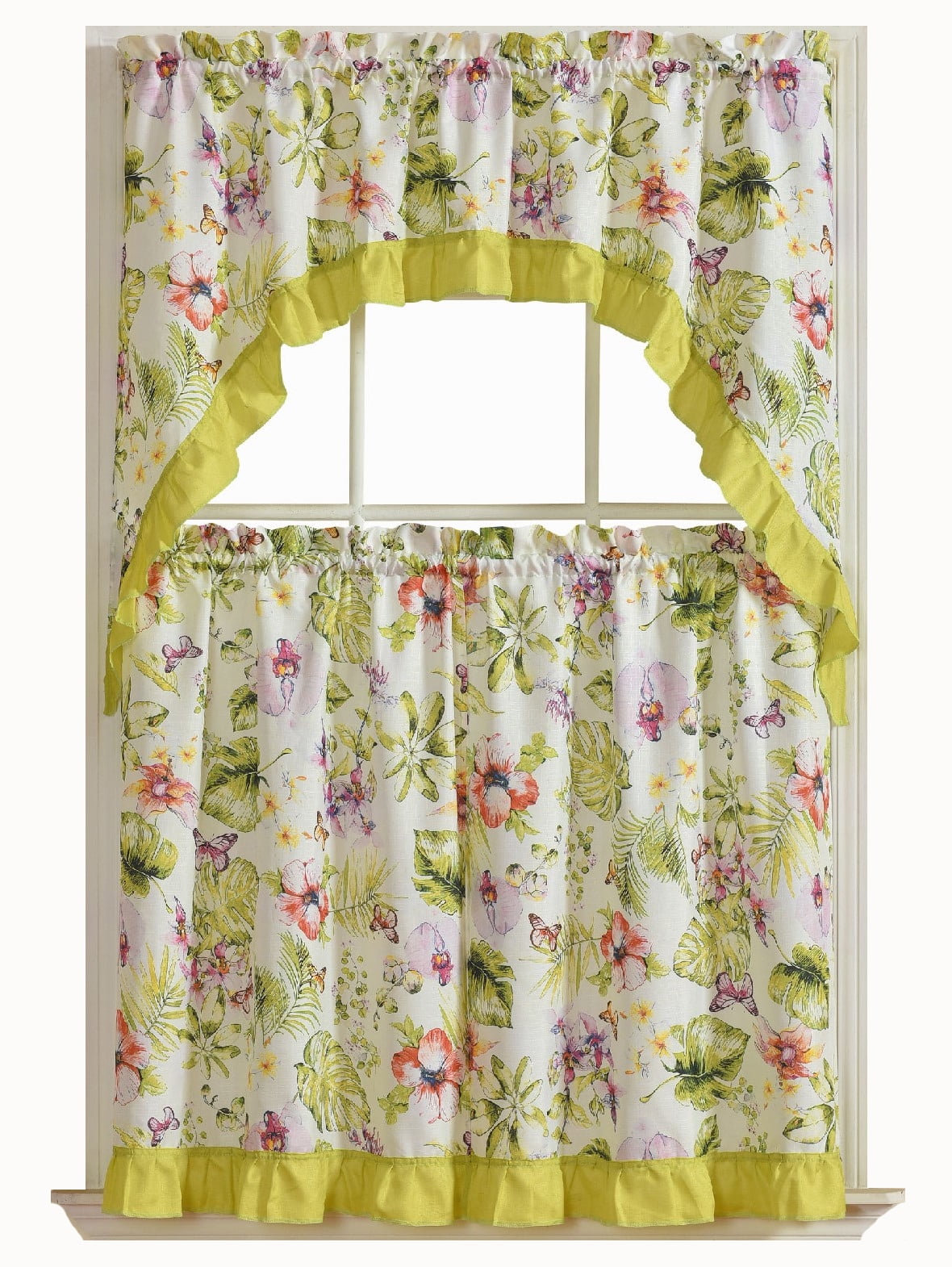 Tropical Floral 3 Pc. Complete Tier & Swag Valance Kitchen Curtain Set