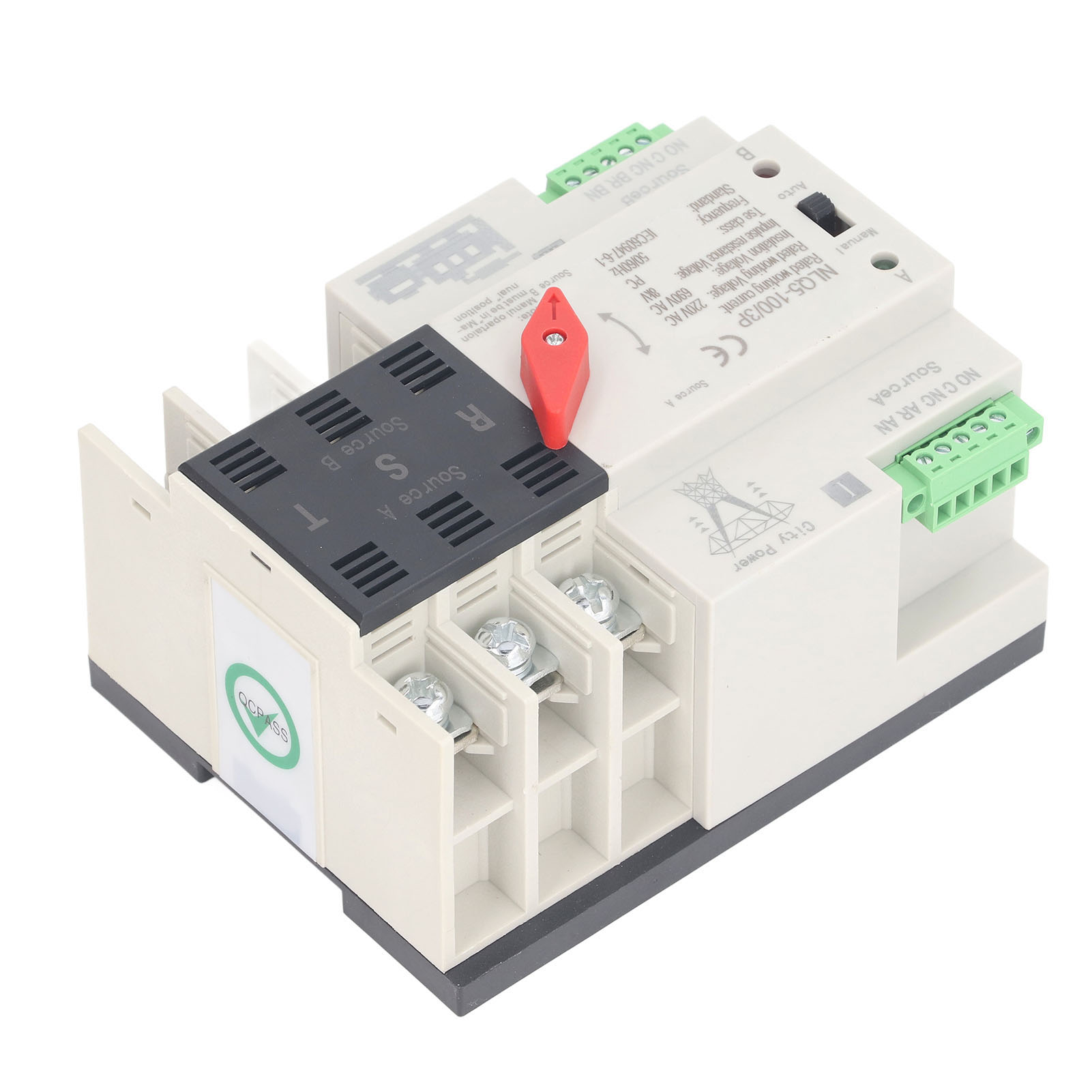 Transfer Switch, Dual Power Automatic Transfer Switch 3P Millisecond Fast Switching Timing Controller AC220V Rail Type ATS Mains to Motor (63A)