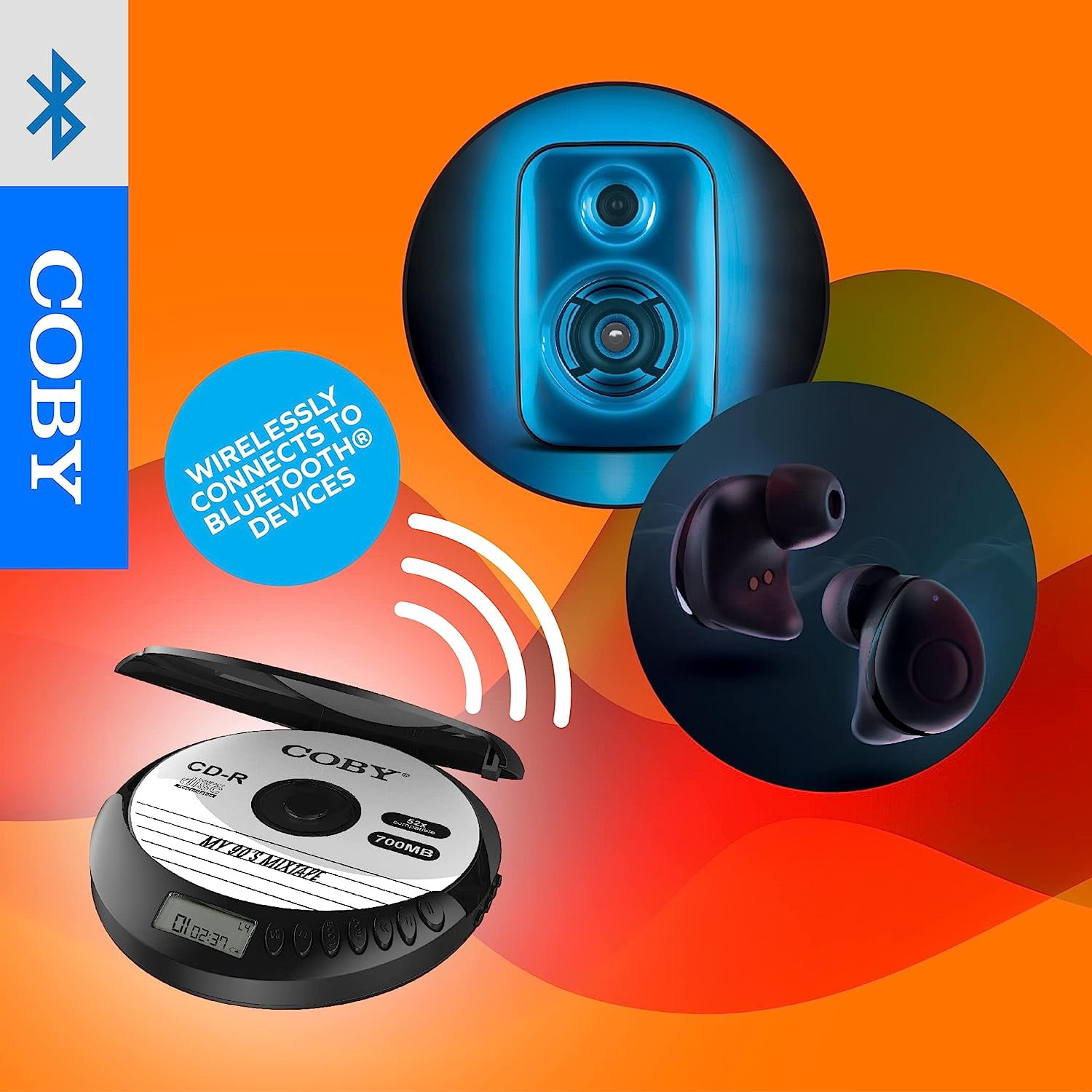 Coby CD Player Portable Bluetooth CD Player for Car, Headphones, FM, AUX, MP3 Anti-Skip CD Player for Home, Compact Discman, Rechargeable, Lightweight