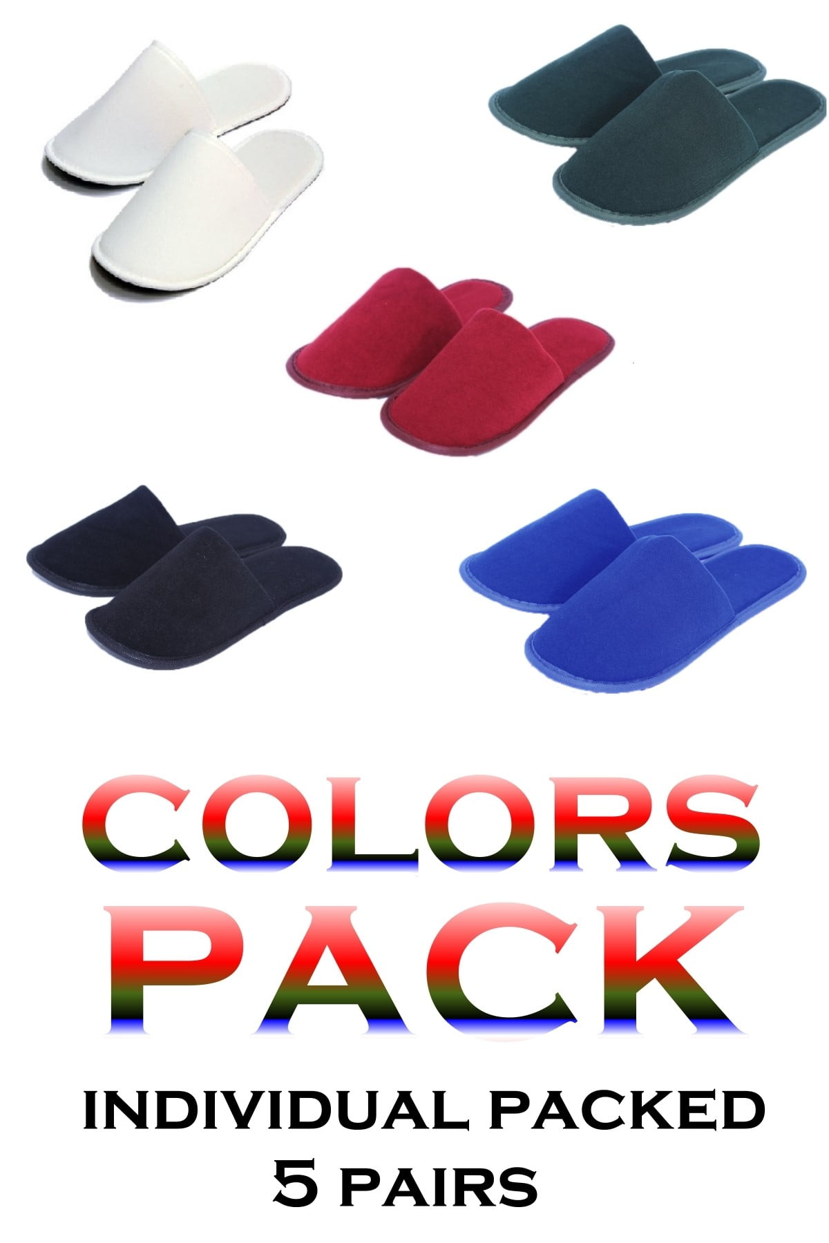 Party Pack 5 Pairs Fabric Packed Terry Cotton Disposable Hotel Slippers for Airbnb Spa Salon Wedding Guests Black Red Blue Green White