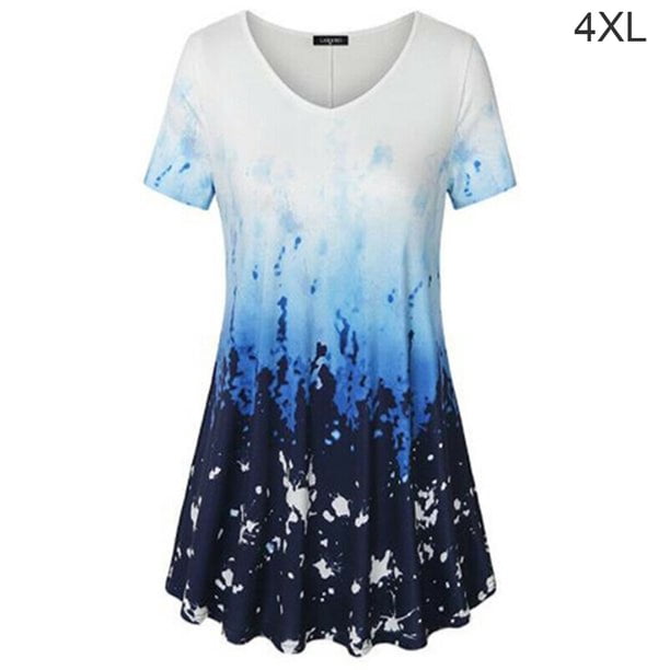 Camiseta de mujer Blusa informal con estampado degradado Vestido suelto con cuello en V, Azul, 4XL Speravity AP001902-47