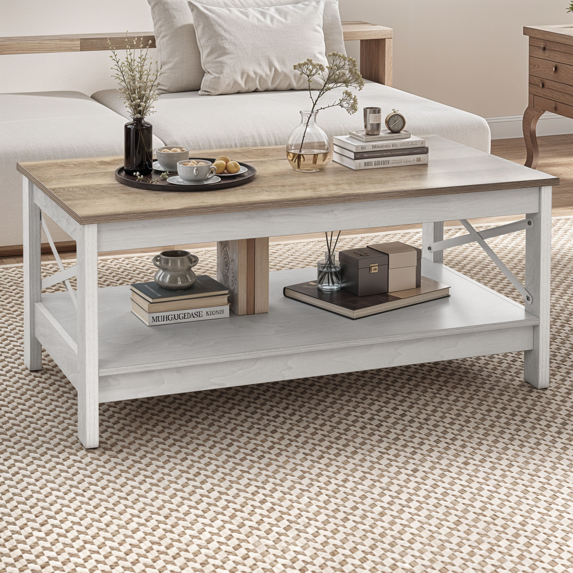 Dextrus Farmhouse Rustic Wood Coffee Table, Oak photo 2