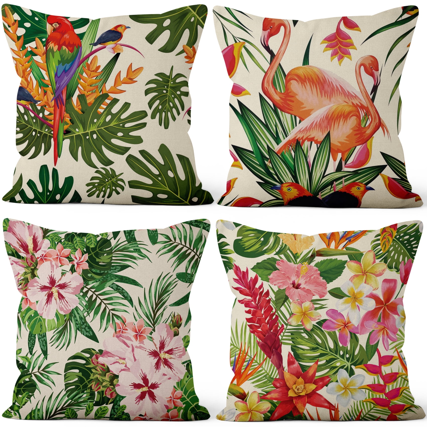 PBOBRIICH Tropical Leaves Throw Pillow Covers Clearance Set of 4,Summer Linen Pillowcase for Living Room Bedroom Home Decor,18x18 Inch