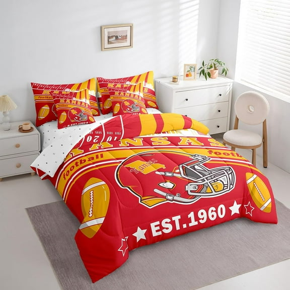 Football 7 Pieces Comforter Sets Twin Size Kids Kansas Bedding Set for All Season Football City Bed in a Bag with Comforter, Sheets, Pillowcases & Cushion Cover