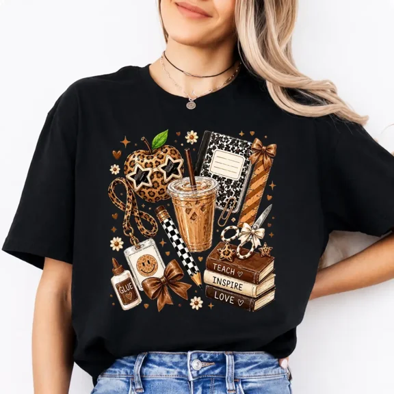 Teacher Shirt, Cute Teach Inspire Love Graphic Tee, Back to School Teacher Gift, Trendy Teacher Tee