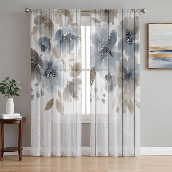 Blue Brown Spring Floral Sheer Curtains 63 Inch Length 2 Panels Set, Watercolor Botanical Vintage Voile Window Treatment Rod Pocket Curtains Sheers Drapes for Bedroom/Living Room/Kitchen 52x"63"x2