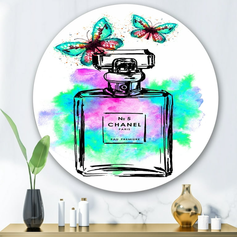 Designart 'Perfume Chanel Five with Butterflies' Modern Circle Metal Wall Art 29x29 - Disc of 29