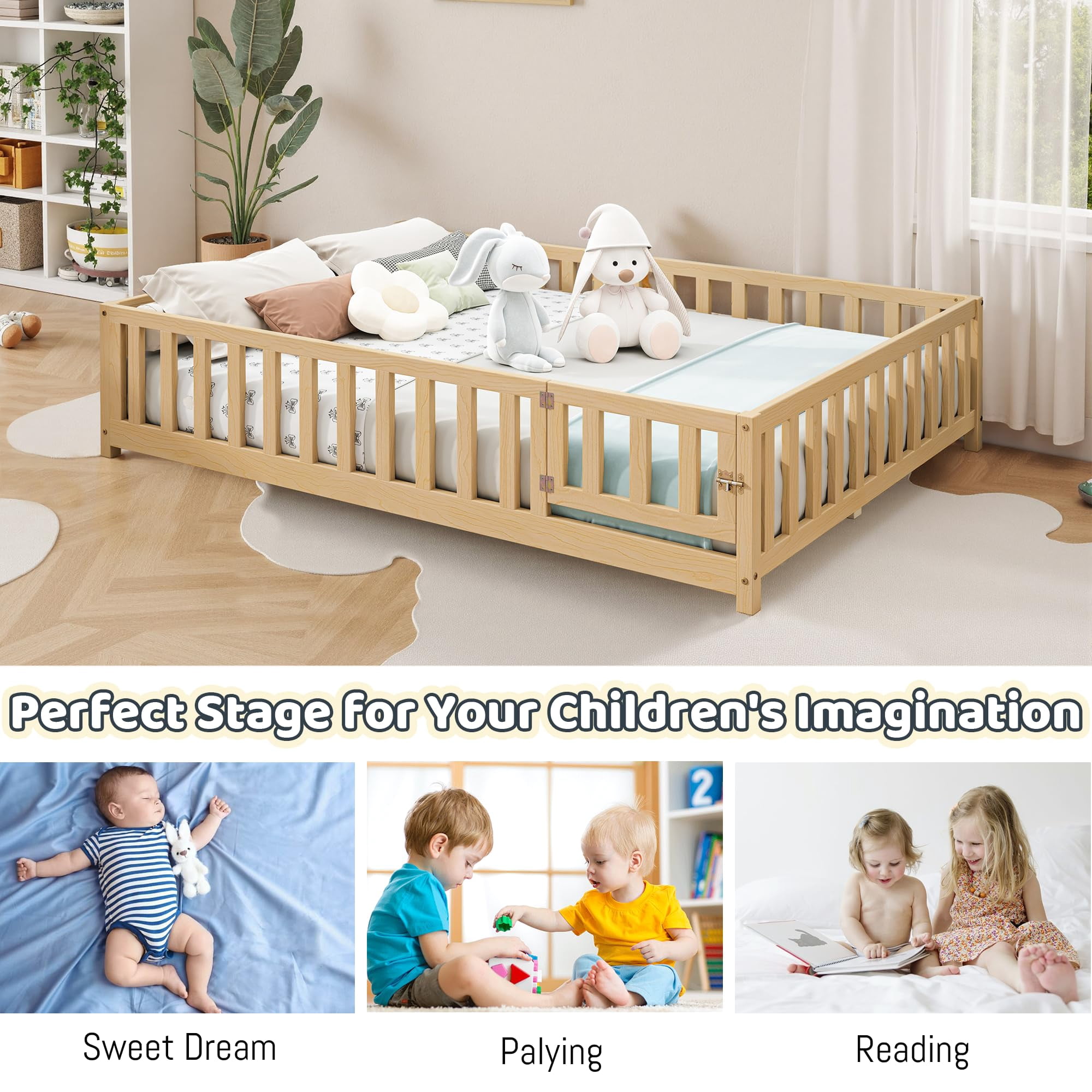 Mirightone Full Floor Bed with Rails and Door, Montessori Floor Bed with Support Slats,No Box Spring Needed, Natural