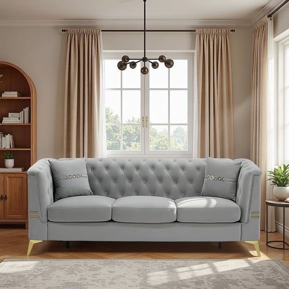 Modern Tufted Velvet Sofa, 82.67" Mid-Century 3-Seater Couch with Gold Metal Legs& Pillows, Elegant Chesterfield-Style Sofa for Living Room (Gray)