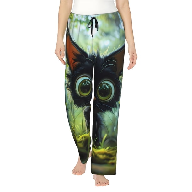 Balery Cute Big-Eyed Black Cat Pantalones de pijama para mujer, pijamas ultraligeros, pantalones de estar por casa-3X-Large