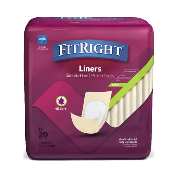 FitRight Incontinence Liners for Men and Women, Extra Absorbency, 13 x 34in, 20 Count