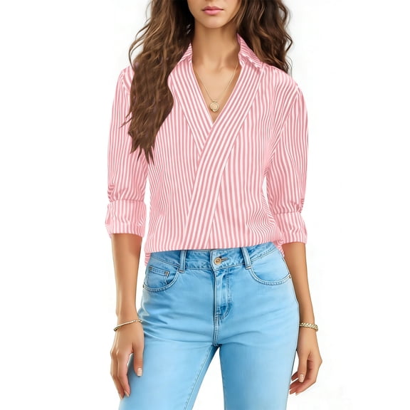 Htigea Striped Tops for Women 3/4 Length Sleeve Dressy V Neck Collared Shirts Trendy Office Work Blouses Pink S
