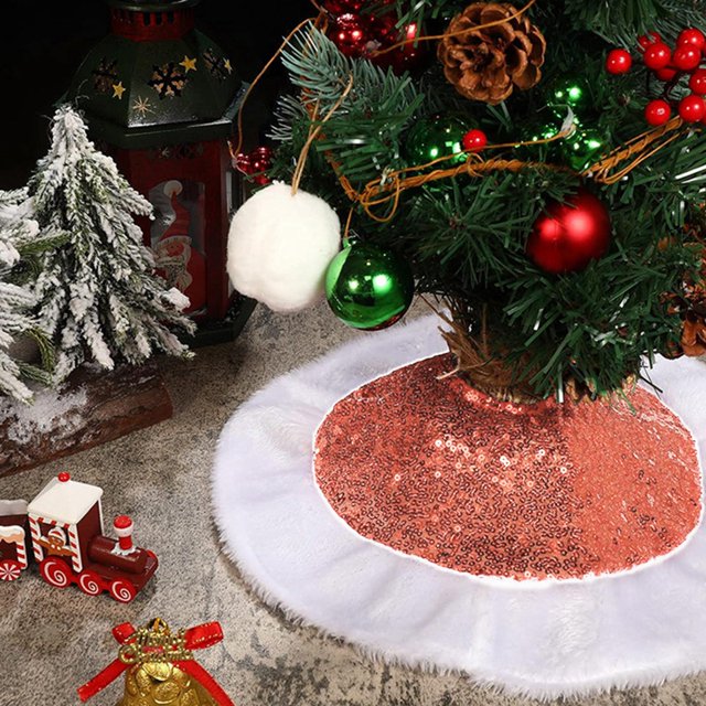 SUNSIOM Christmas Tree Skirt 14.9 Inch Glitter Sequin Tree Skirt Small Tree Mat with Plush Trim for Holiday Home Party Decorations