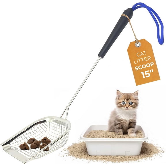 Litter Scoop - Long Handle Poop Scooper for Litter Box (15"), Heavy-Duty Stainless Kitty Litter Scoop (Scoop)