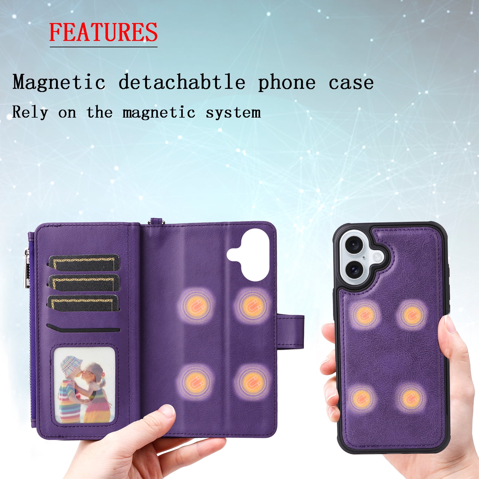 Dteck for iPhone 16 Wallet Case, 2 In 1 Detachable Protective Phone Case Women Men Kickstand flip Cover Wrist Strap Zipper Credit Card Holder Slots for iPhone 16,Purple