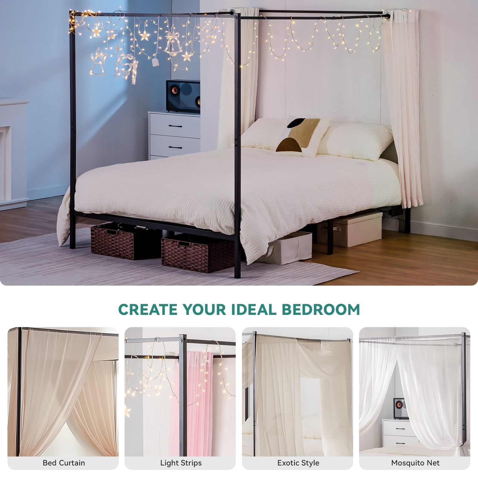 COMHOMA King Size Metal Canopy Bed Frame 14 inch Platform with Built-in  Headboard,No Box Spring Needed, White, image size:1600x1600