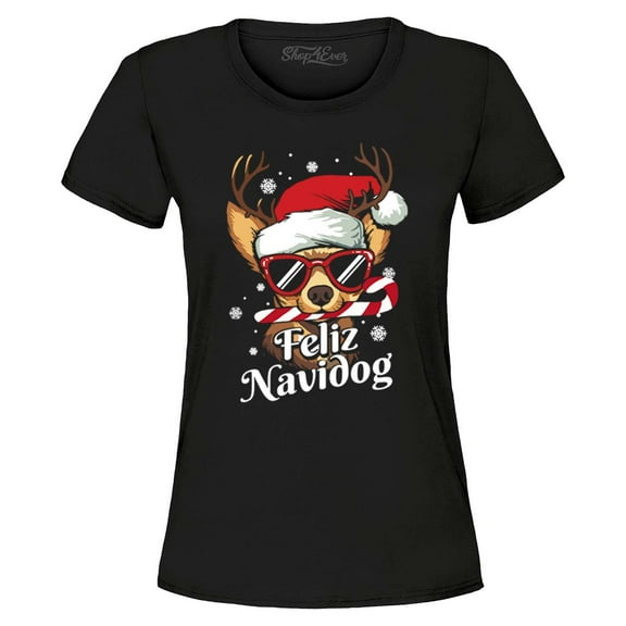 Shop4Ever Women's Feliz Navidog Navidad Dog Santa Chihuahua Graphic T-Shirt Small Black