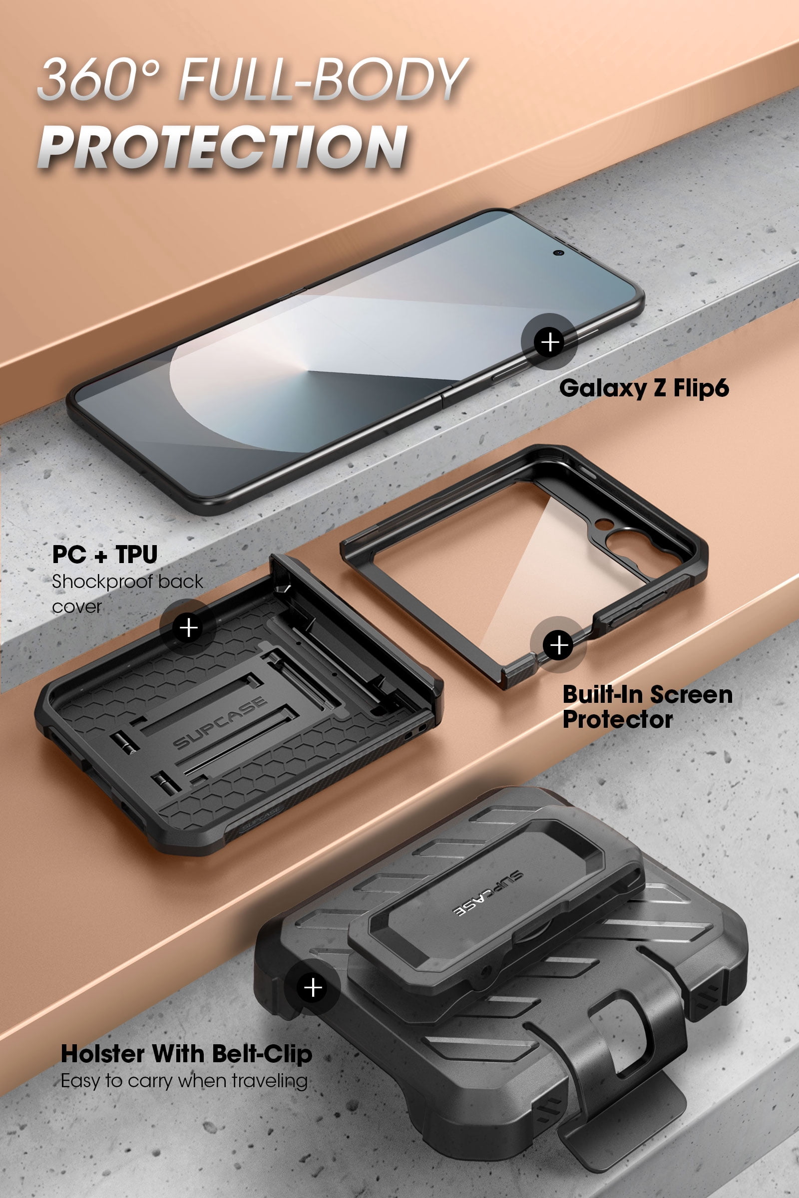 SUPCASE for Samsung Galaxy Z Flip 6 Case with Stand & Belt-Clip (Unicorn Beetle Pro), [Hinge Protection] [Front Screen Protector] Full Body Rugged Protective Phone Case for Galaxy Z Flip 6/5, Black