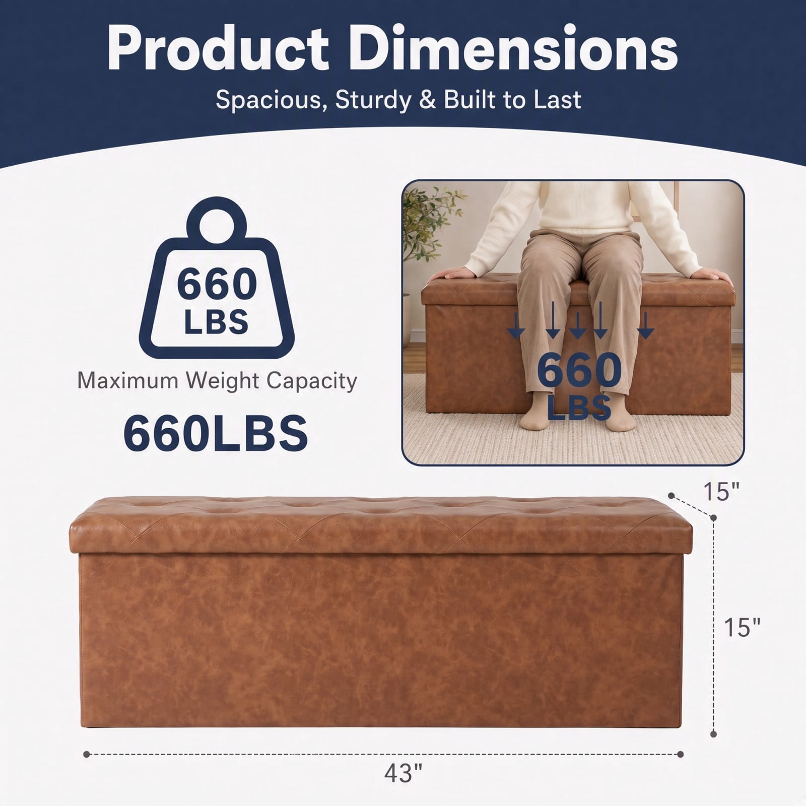 Telyra 43" Foldable Storage Ottoman Bench Faux Leather Footrest Stool with Foam Padded Seat, Brown