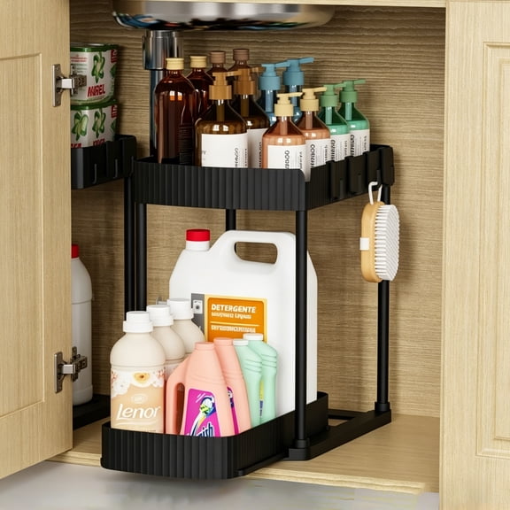 Multi-Purpose Pull-Out Storage Organizers, Under Sink/Cabinet Organizers and Storage for Bathroom & Kitchen, Black, 12.8 Inches, 1 Packs
