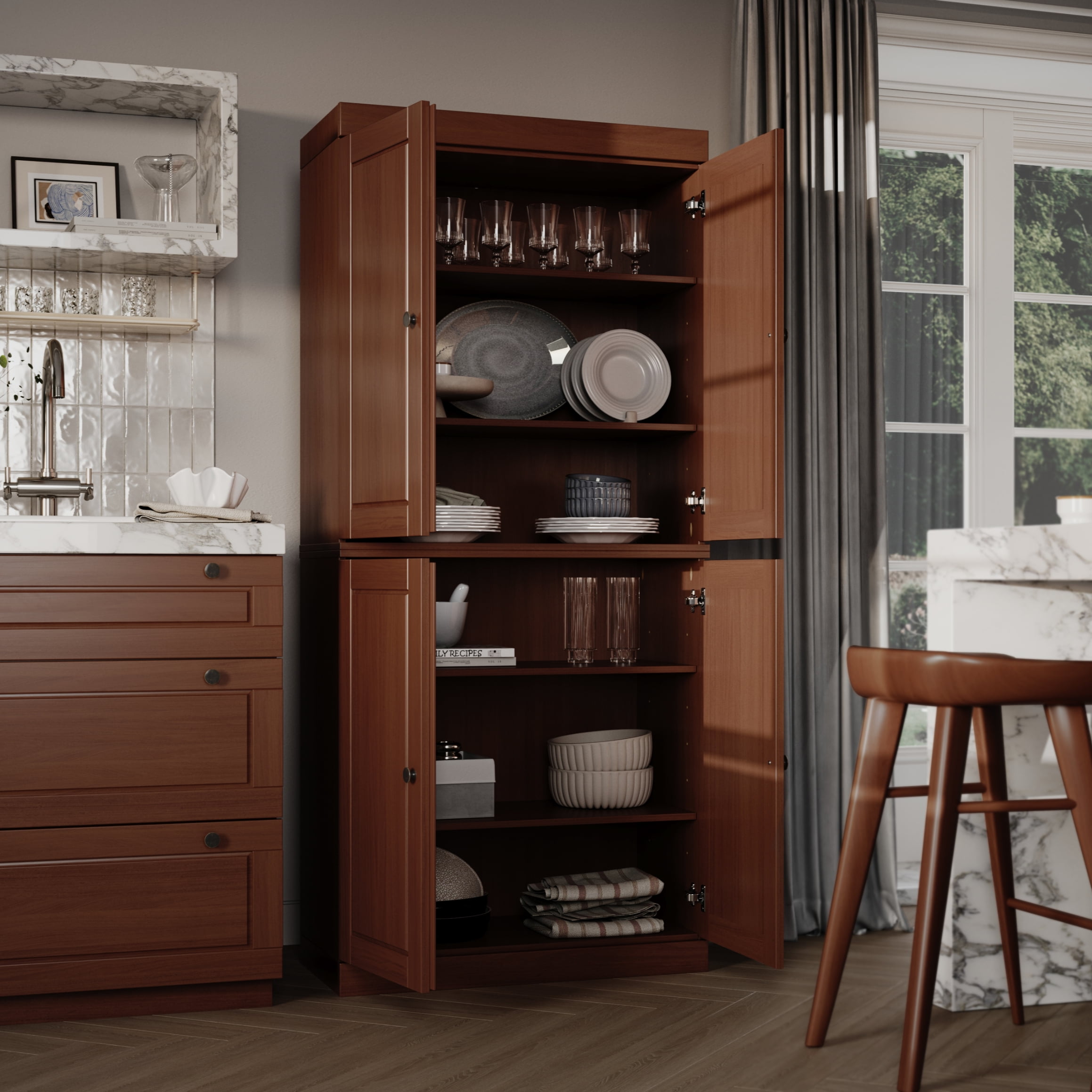 Palace Imports 100% Solid Wood Kitchen Pantry Storage Cabinet with Solid Doors and Adjustable Shelves, Mocha