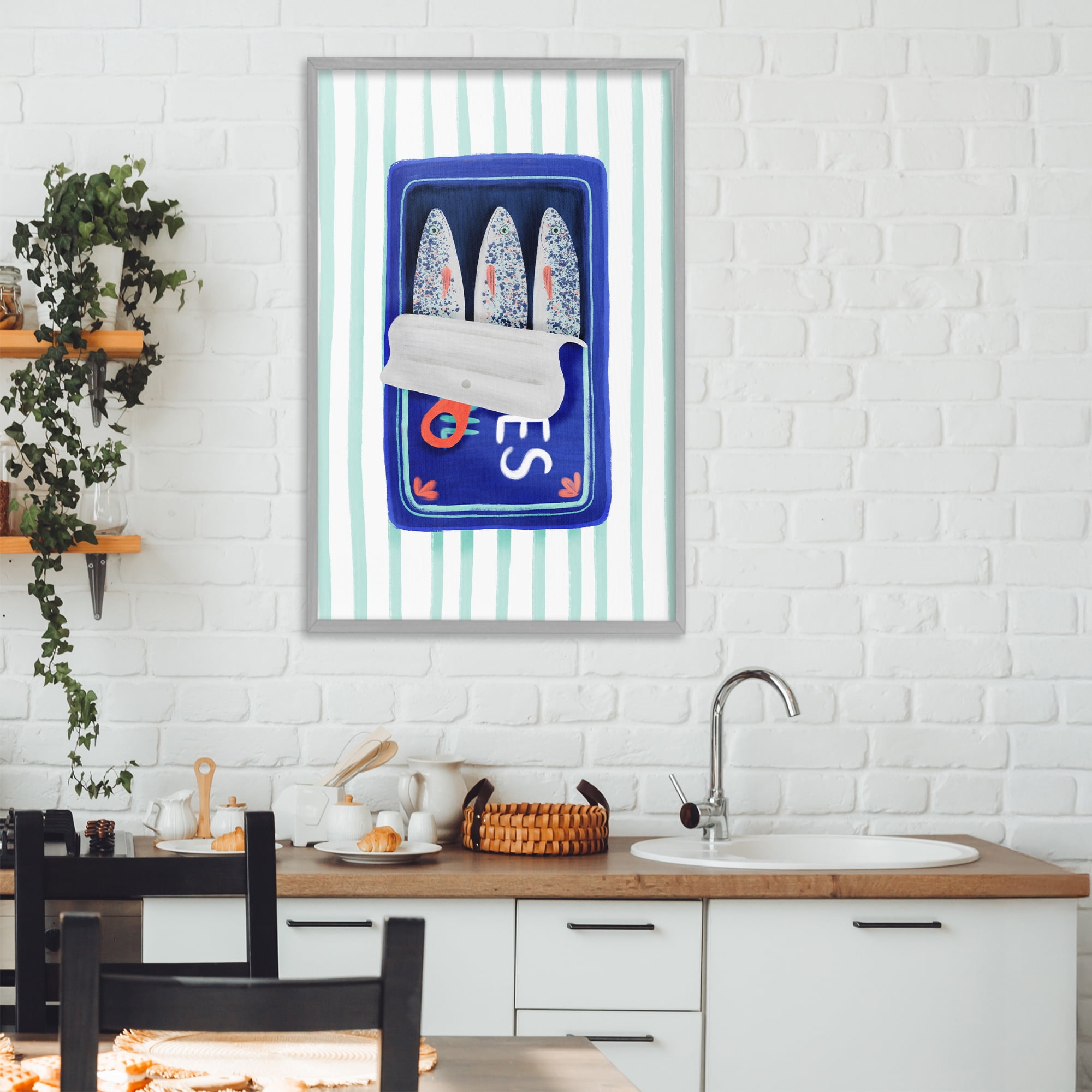 Stupell Industries Blue Sardines on Stripes Gray Framed Giclee Art, design by Metka Hiti