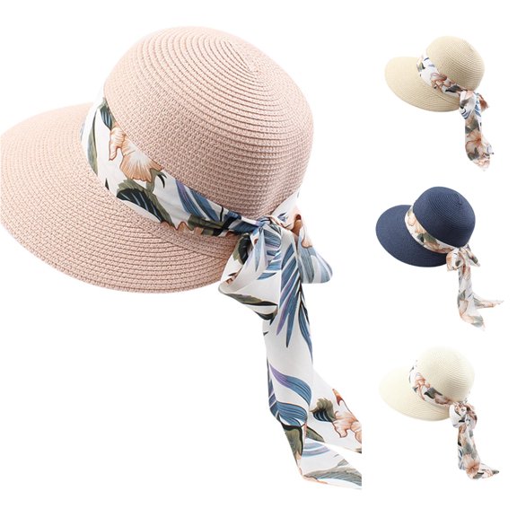 XIAOCHA Womens Floral‑Scarf Straw Sun Hat Wide‑Brim Beach Hat Travel Hat,Pink