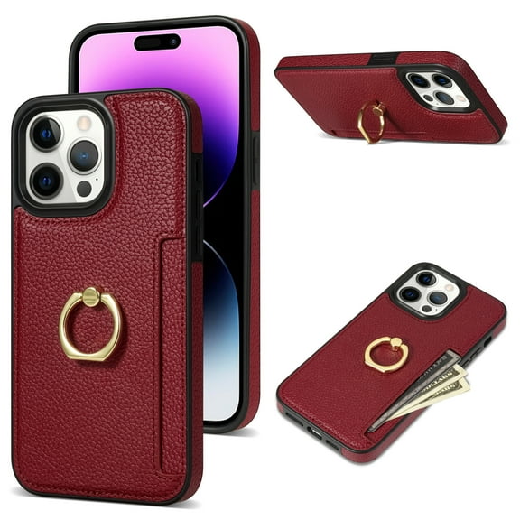 Decase Wallet Case for iPhone 15, Shockproof PU Leather Credit Card Slot with Built-in Rotation Ring Holder Stand Protective Cover Case , red