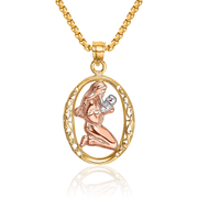 14K Solid Two Tone Gold White Mother Daughter Oval Necklace Chain Pendant Charm with chain 16inch