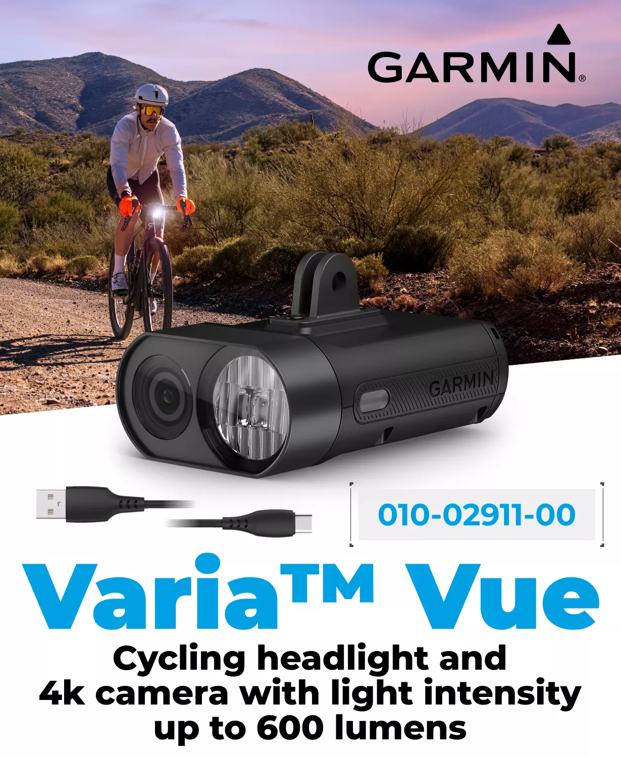 Garmin Varia Vue, Cycling Headlight and 4k Camera, Light Intensity up to 600 Lumens, Crystal-Clear Video Recording, Incident Detection While Cycling with Wearable4U PowerBank Bundle
