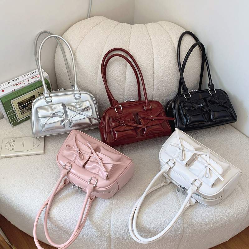Baguery Y2k Ita Bag - Cute Bow Faux Leather Shoulder Tote, Japanese Aesthetic Red Handbag (11.81×3.94×6.69in)
