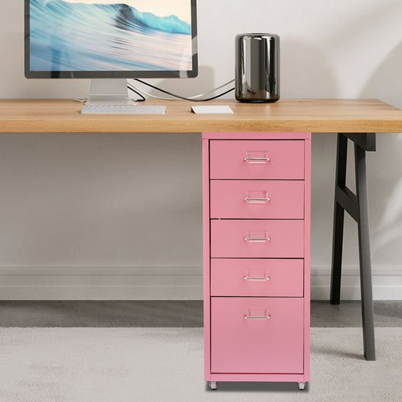 5 Drawer Modern Rectangular File Cabinet W/ Lock Under Desk Rolling Storage Cabinet Storage File Pink