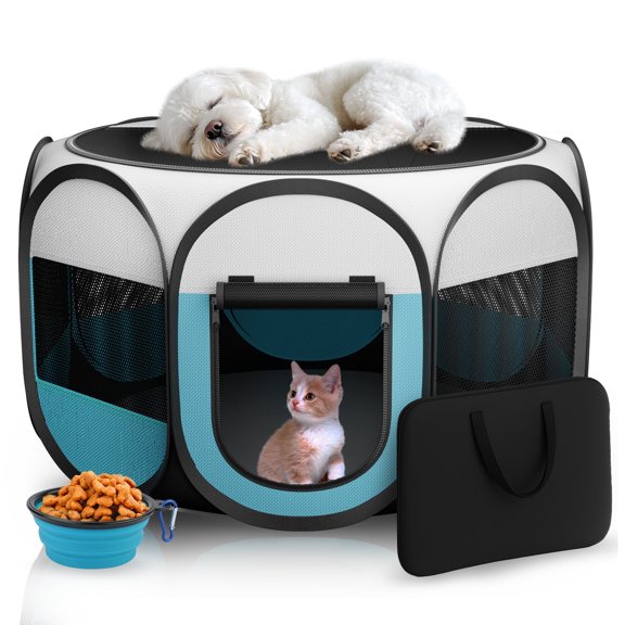 HUTACT Pet Playpen for Cats Puppy Dogs, Portable Pop-up Playpen Pet Pen Tent 29" Foldable Chicken Crate Playpen for Indoor Playing Recovery, Outdoor Travel Hiking with Bowl