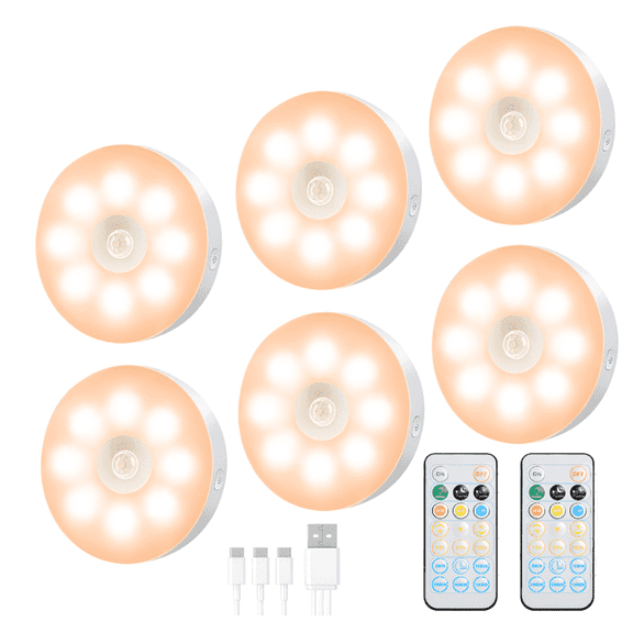 ZHUYZ Under Cabinet Lighting, 6 Pack   2 Remotes Rechargeable Puck Lights with Remote, 3 Color Temperatures & Magnetic Installation, Motion Sensor LED Light for Closet Cabinet Hallway