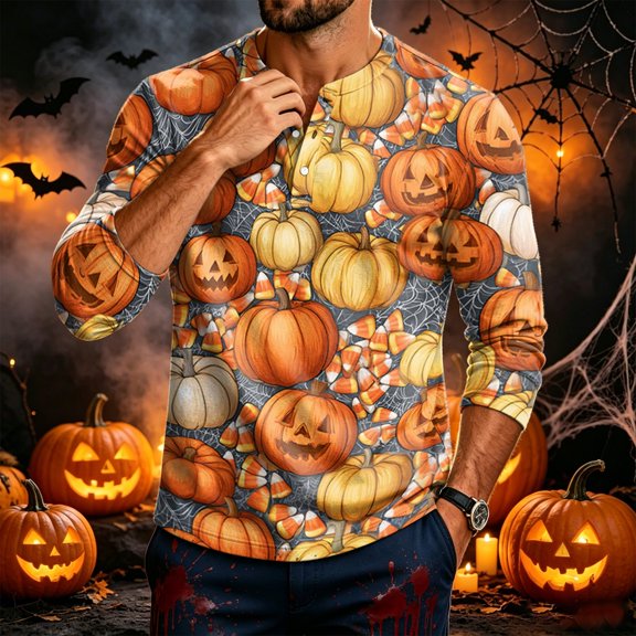 Domuza Mens Halloween Henley Shirts Funny Novelty Graphics Casual Long Sleeve Button Basic T Shirt Comfy Soft Regular Fit Pullover 3XL