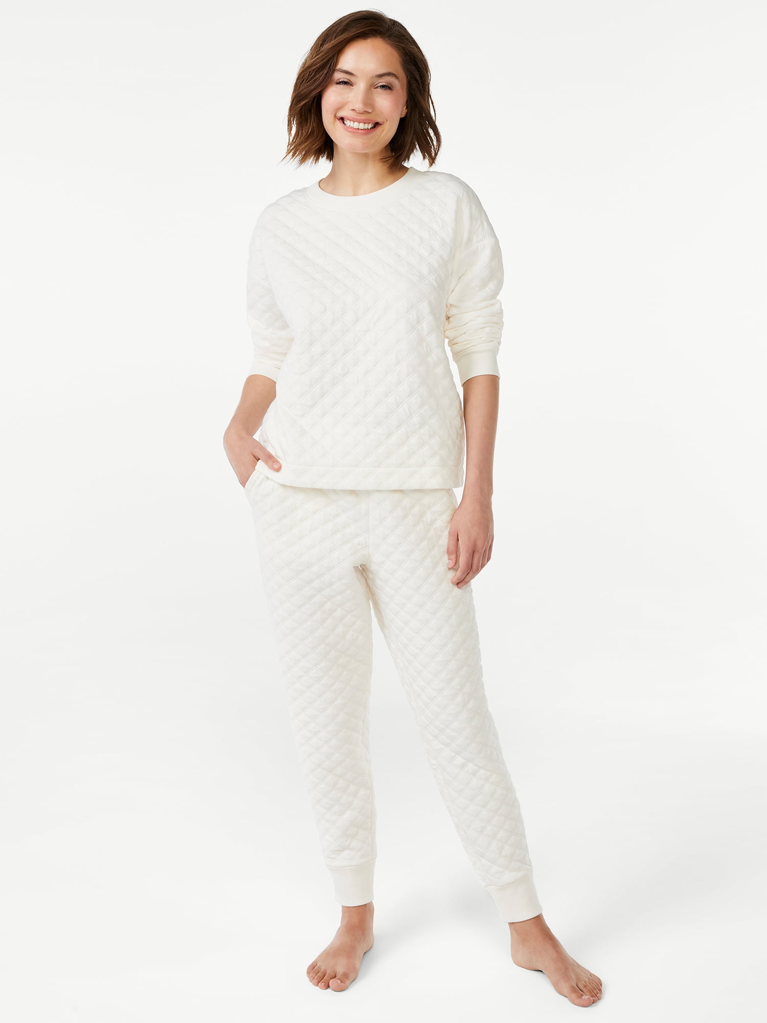 Joyspun Women's Quilted Long Sleeve Sleep Top and Jogger PJ Set, 2