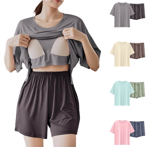 Paiwinds Women's Short Sleeve Pajama Set with Built-In Bra Pad Modal Cotton Blend Loose Shorts Summer Loungewear, Sizes M-XXL