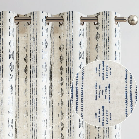 Curtainking Linen Blend Curtains Blue Geometric Striped Light Filtering Farmhouse Grommet Curtains for Living Room 63in Pack of 2
