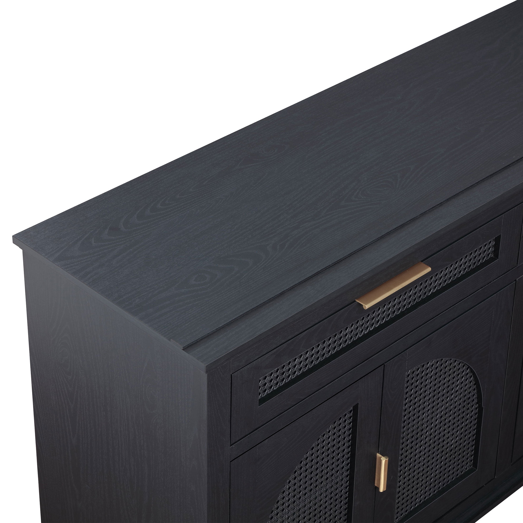 Beautiful Drew Rattan Media Console with Teched Away Drawer by Drew Barrymore, Black Finish