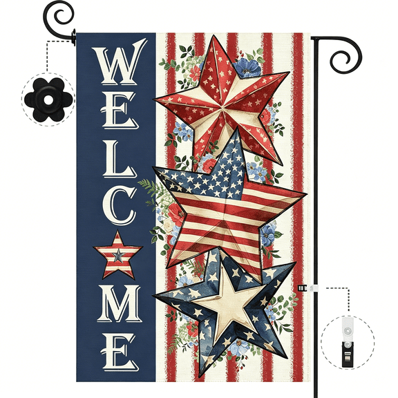 AUQ 4Th of July Patriotic Garden Flag 12.5 X 18 Inch Double Sided Burlap Usa Stars Floral Independence Day Welcome Small Yard Flag Summer Holiday Seasonal Farmhouse Outdoor Outside Decoration