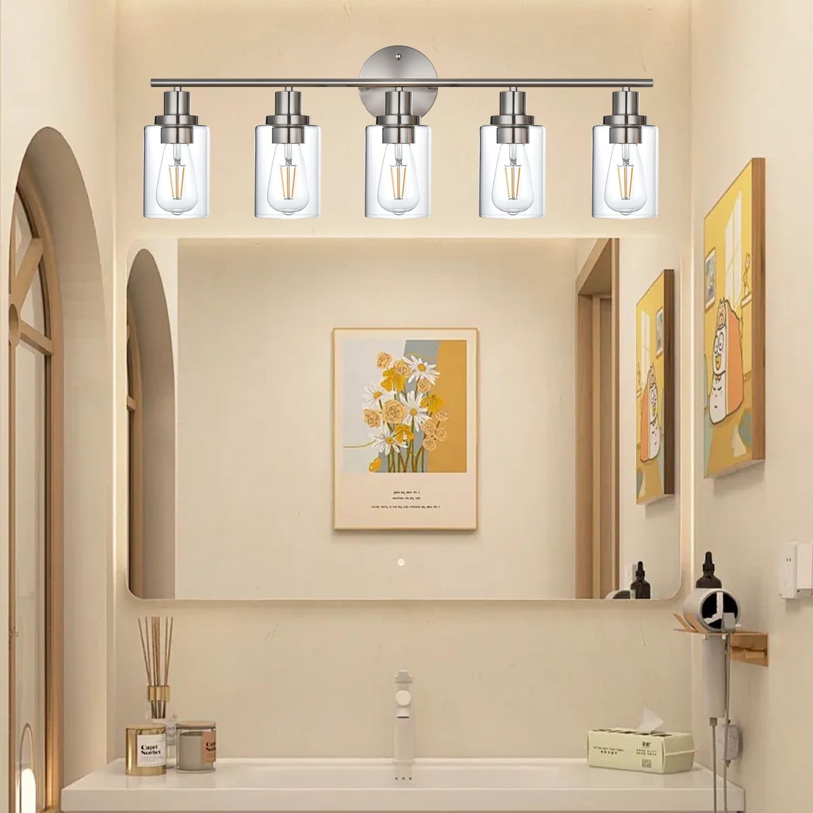 Melucee 5-light Vanity Light with Round Plate – Brushed Nickel Modern Bathroom Light Fixture, Dimmable Wall Sconce for Mirror, Bedroom, Makeup Area