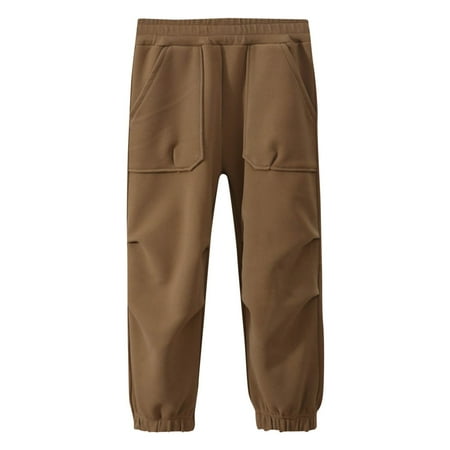 FLVPOV Boys Cargo Pants Kids Casual Outdoor Cotton Solid Color Loose Sweatpants Children s Elastic Waist Full Length Trousers with Pockets Khaki 120