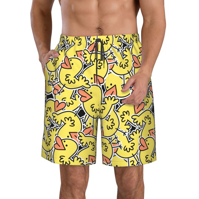Sikiie Ducks Print Men's Beach Shorts, High Elastic Quick-drying Shorts - with Drawstring and Slip Pockets, Suitable for Beach, Sports, Vacation-Small