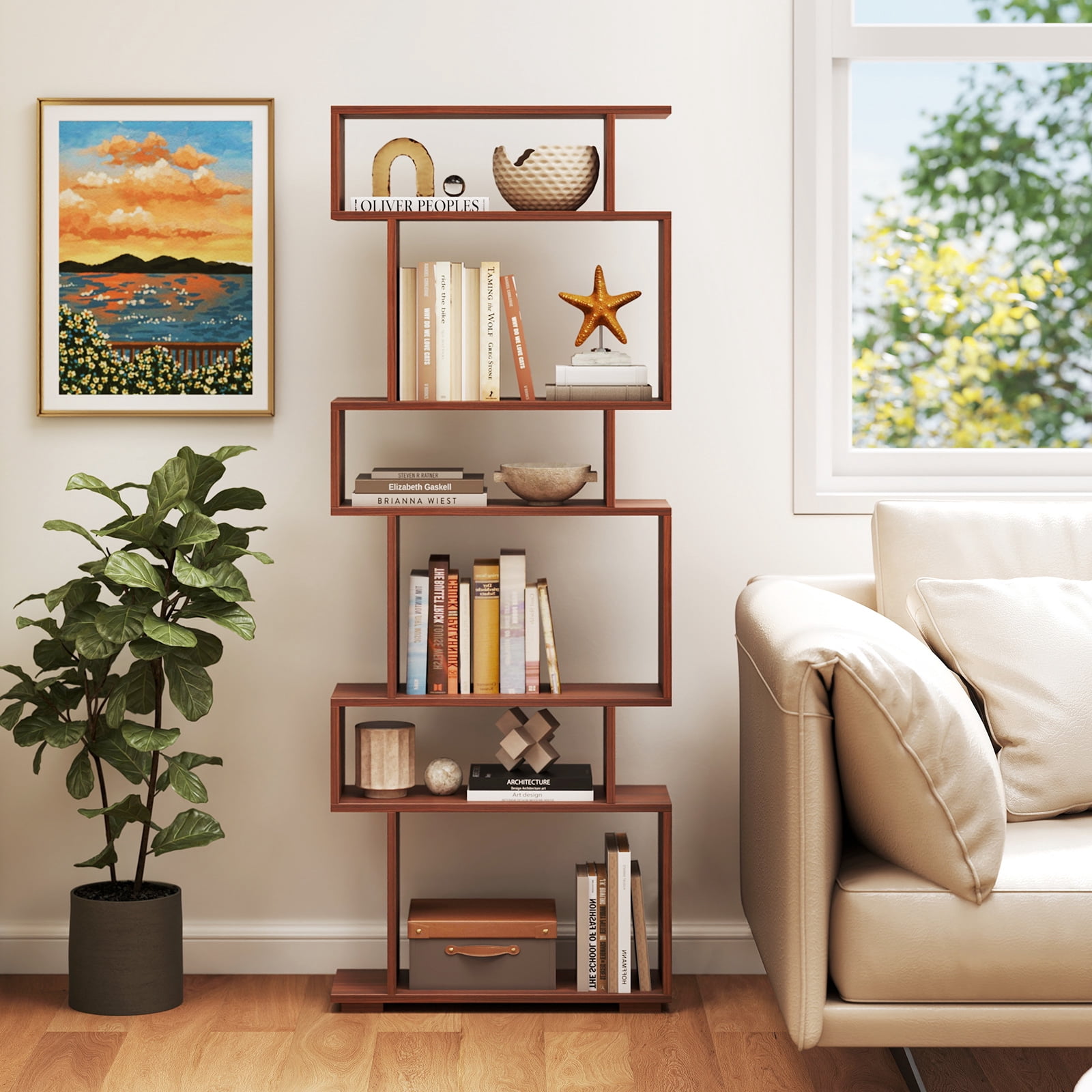 Costway 6-tier Storage Bookshelf S-shaped Geometric Bookcase with Anti-toppling Kits Orange