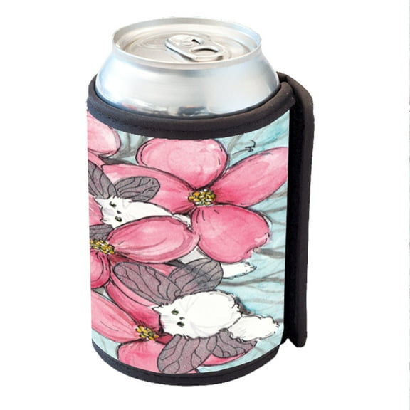 KuzmarK Insulated Drink Can Cooler Hugger - Chinchilla Silver Persian Kitty Fairies with Pink Dogwood Cat Art by Denise Every